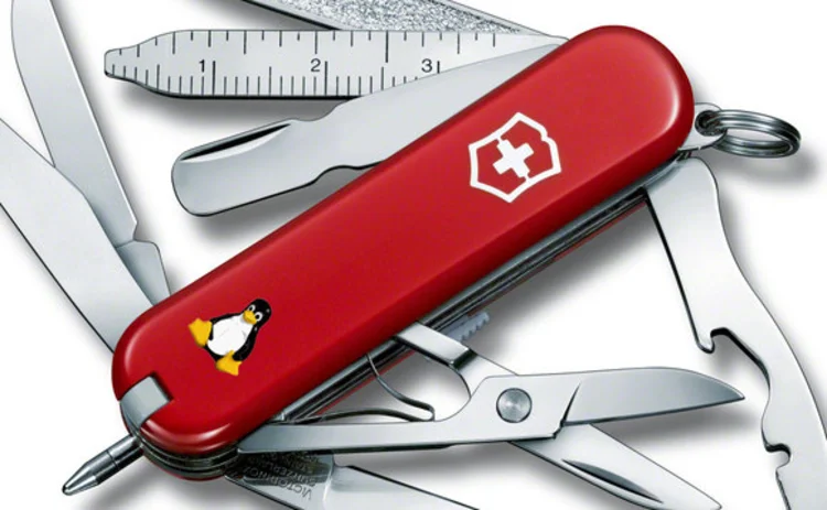 A Swiss Army knife with the Linux penguin logo