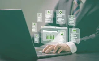 A computer screen shows generic analytical data of environmental topics